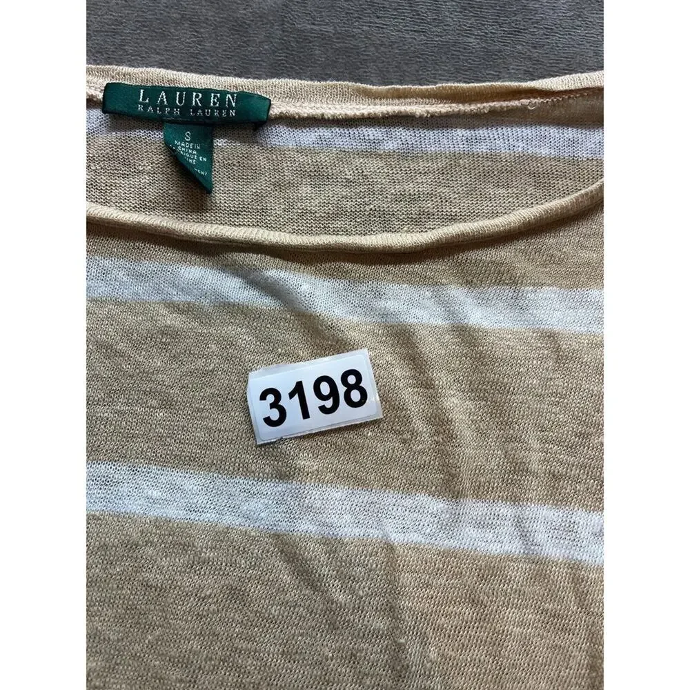 Ralph Lauren WOMEN Small LONG SLEEVE‎ SHIRT White Tan Knit Button Sleeves